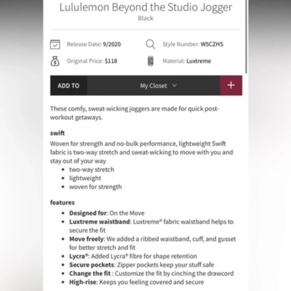 Lululemon Beyond the Studio Jogger Black Size 8